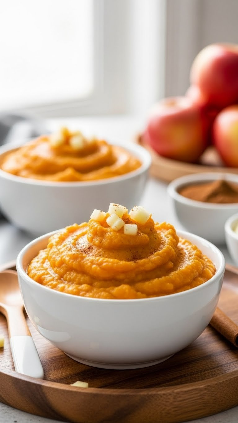 Velvety Instant Pot Sweet Potato And Apple Puree With A Swirl, Garnished With Cinnamon, In A White Bowl On A Wooden Tray.