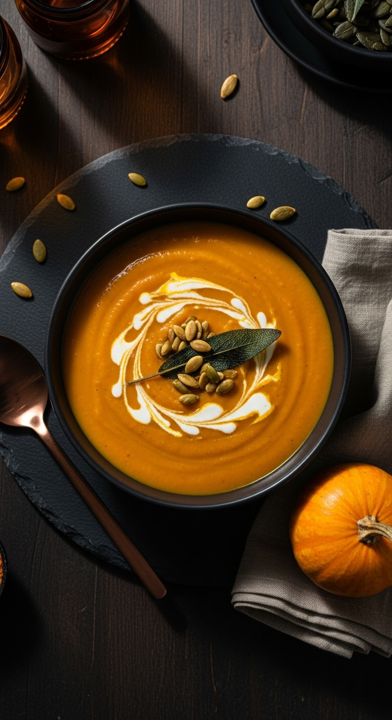 Velvety Slow Cooker Pumpkin Soup With Cream Pumpkin Seeds And Sage In Dark Bowl On Slate Placemat With Copper Spoon