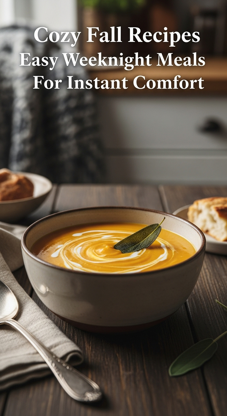 Velvety Butternut Squash Soup With Sage On A Rustic Wooden Table In Soft Window Light With A Blurred Kitchen Background