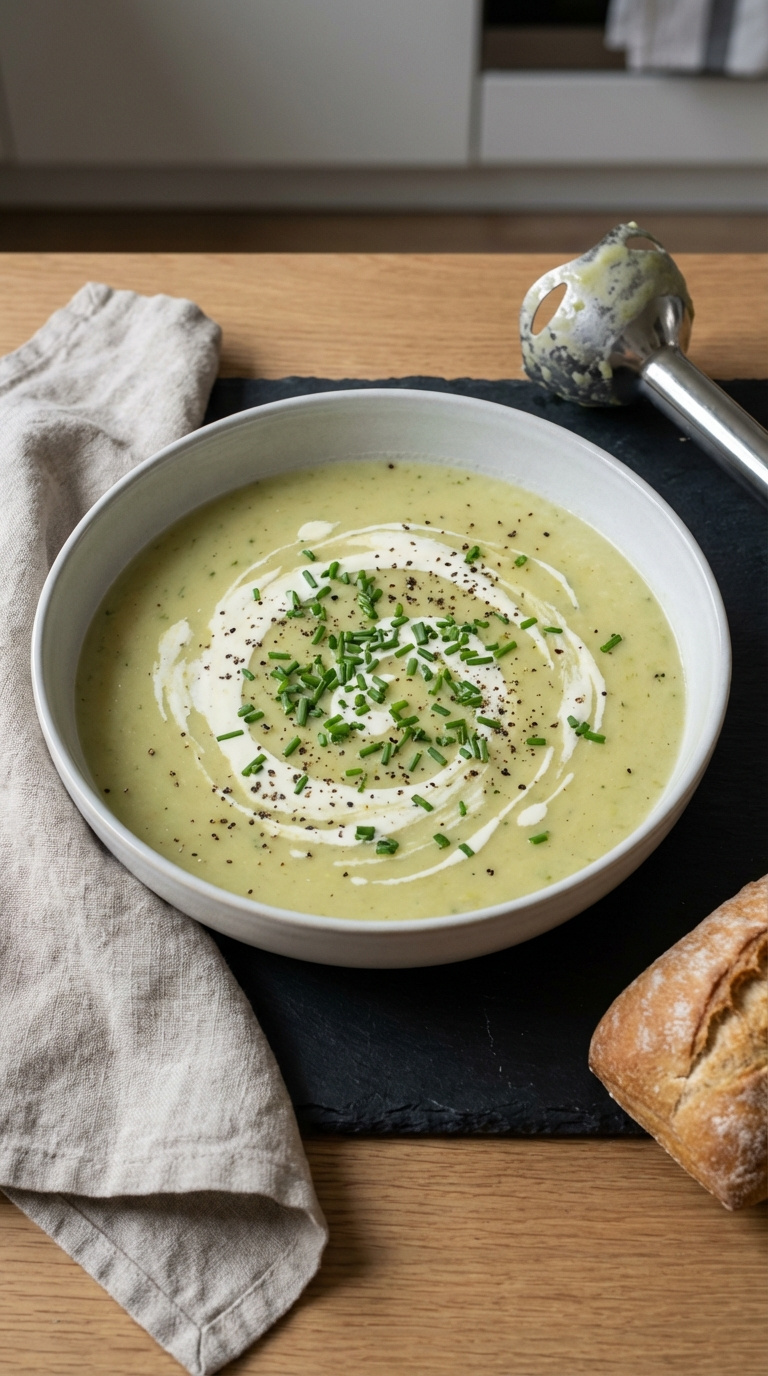 Velvety Creamy Potato Leek Soup Garnished With Fresh Chives, Cream Swirl, And Black Pepper In Light-Colored Ceramic Bowl.