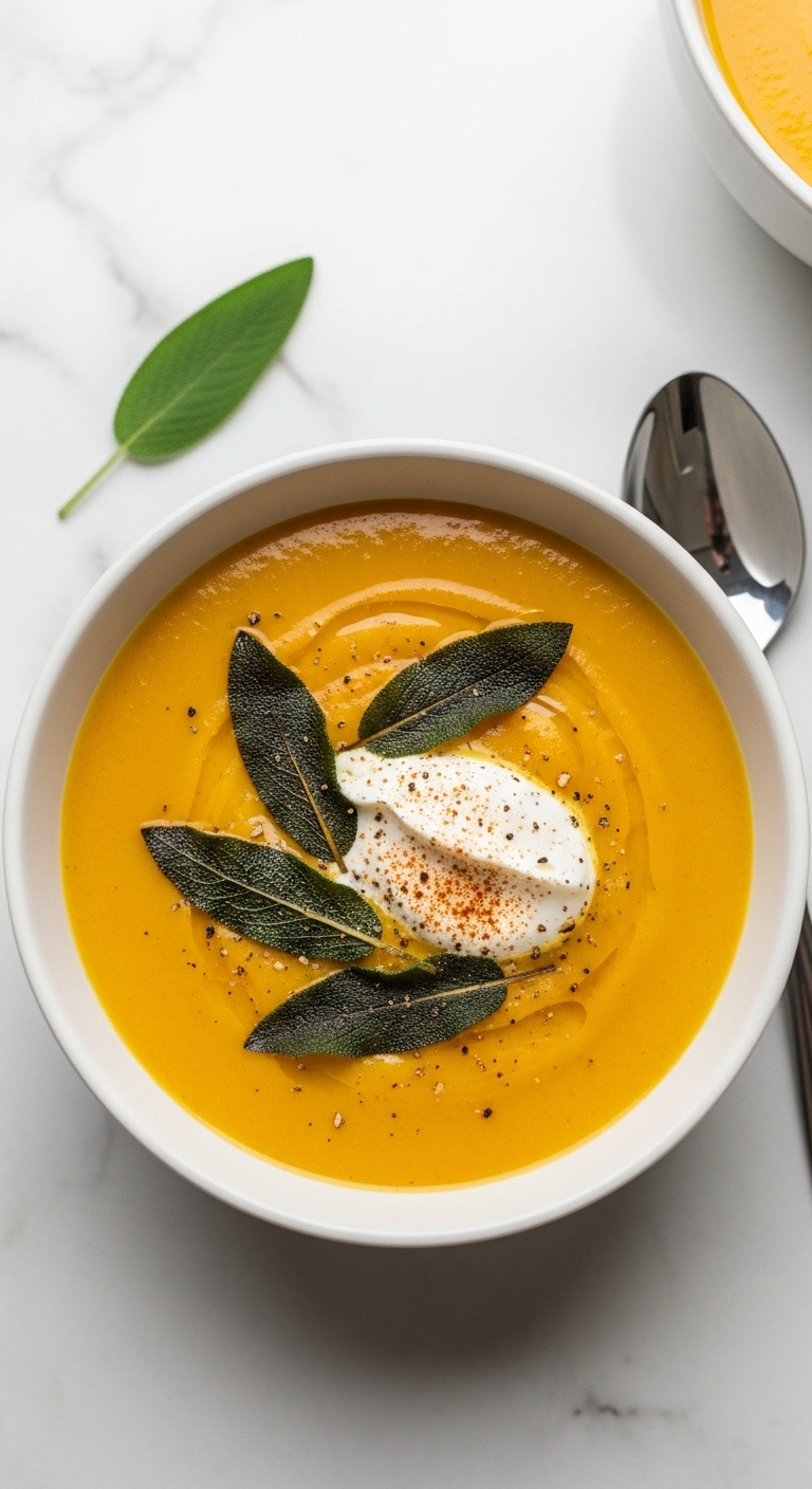 Velvety Golden-Orange Butternut Squash Soup With Spiced Whipped Cream And Frizzled Sage Leaves In An Elegant White Bowl On A Marble Countertop
