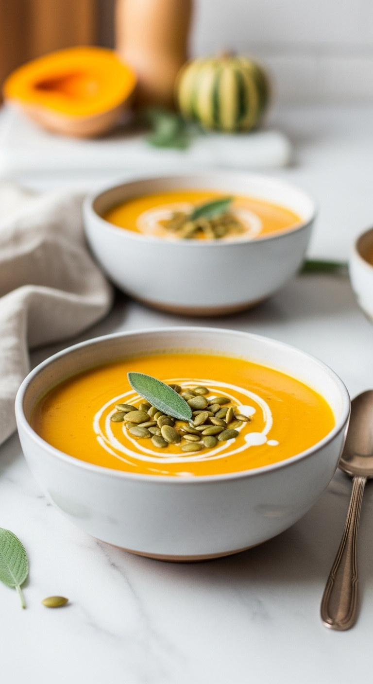 Velvety Orange Butternut Squash Soup In A Ceramic Bowl Garnished With Cream Toasted Pumpkin Seeds And Sage Leaf On A Marble Countertop