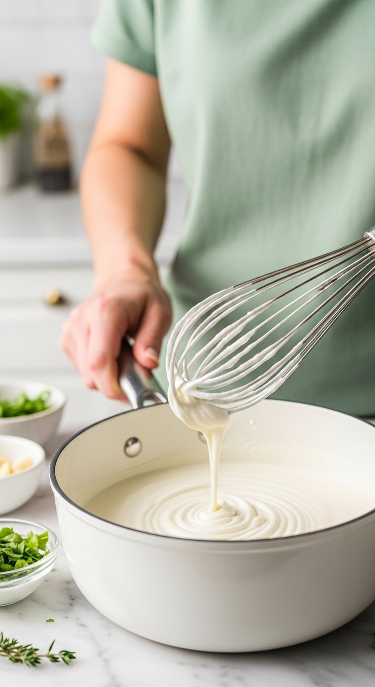 Velvety Sour Cream Sauce Being Whisked In A Saucepan With Fresh Herbs On A Marble Countertop.