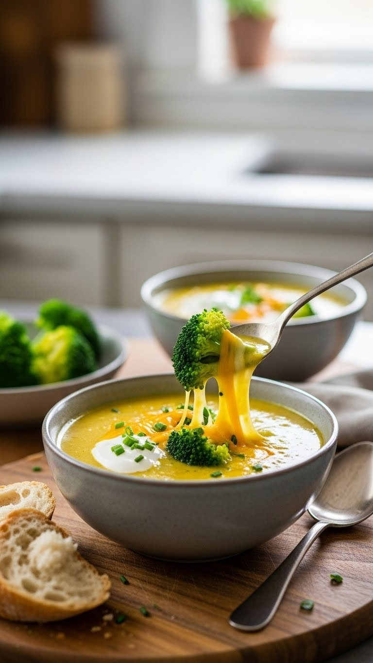 Velvety Vegan Broccoli Cheddar Soup With Green Florets And Melted Vegan Cheese In A Rustic Bowl On A Wooden Board Under Soft Natural Light.