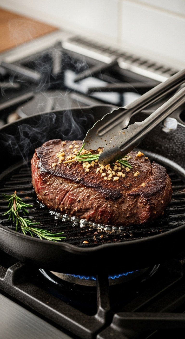Venison Backstrap Searing With A Caramelized Crust In A Hot Cast Iron Skillet, Rosemary, Garlic, And Steam.