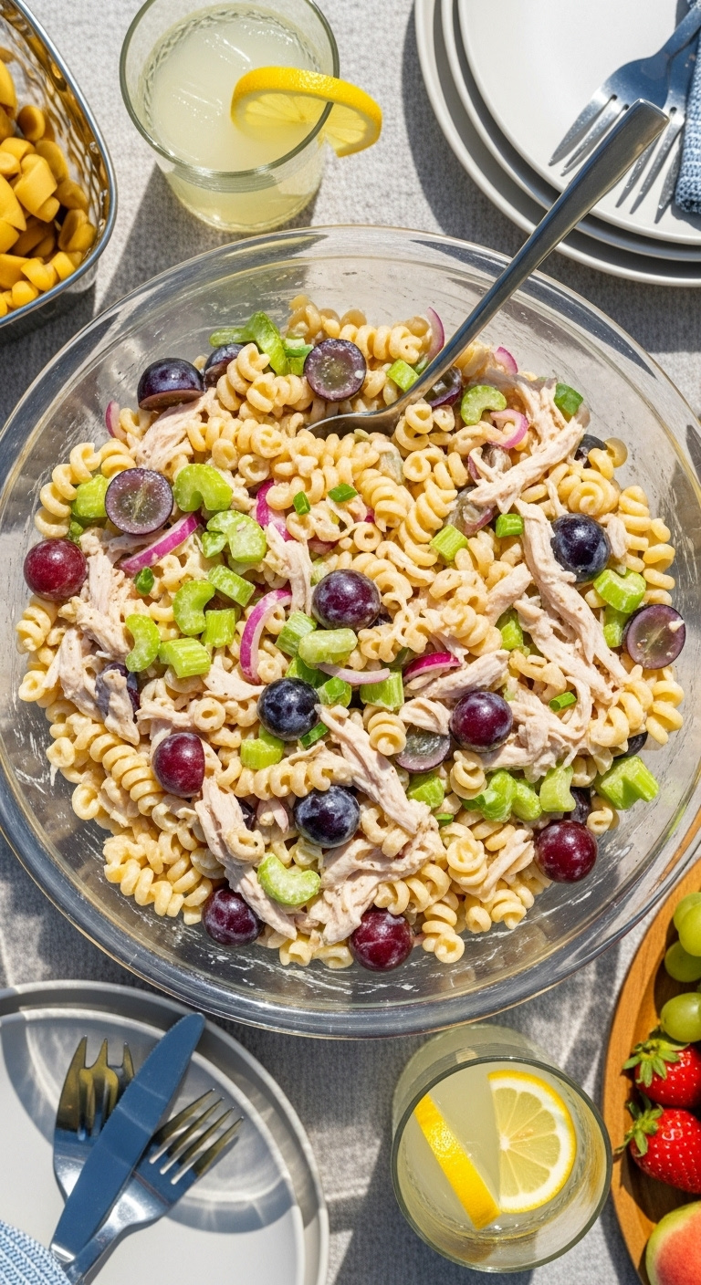 Versatile Chicken Pasta Salad With Rotini Celery Grapes And Red Onion In A Glass Bowl On A Picnic Blanket