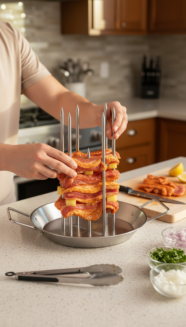 A Vertical Spit Loaded With Chicken Shawarma Cooking On A Charcoal Grill