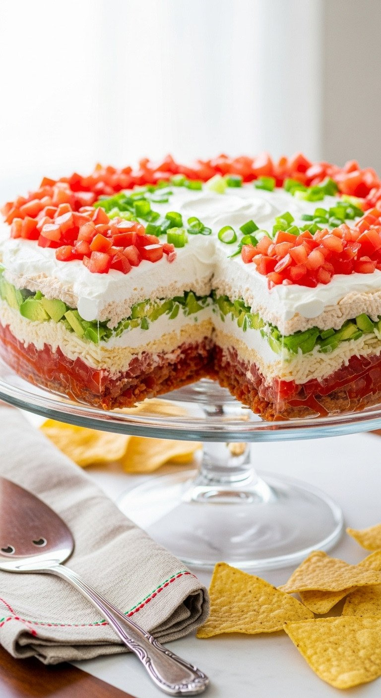 Vibrant 7-Layer Festive Dip In A Clear Glass Trifle Bowl, Showcasing Colorful Red, Green, White Layers, With Tortilla Chips.