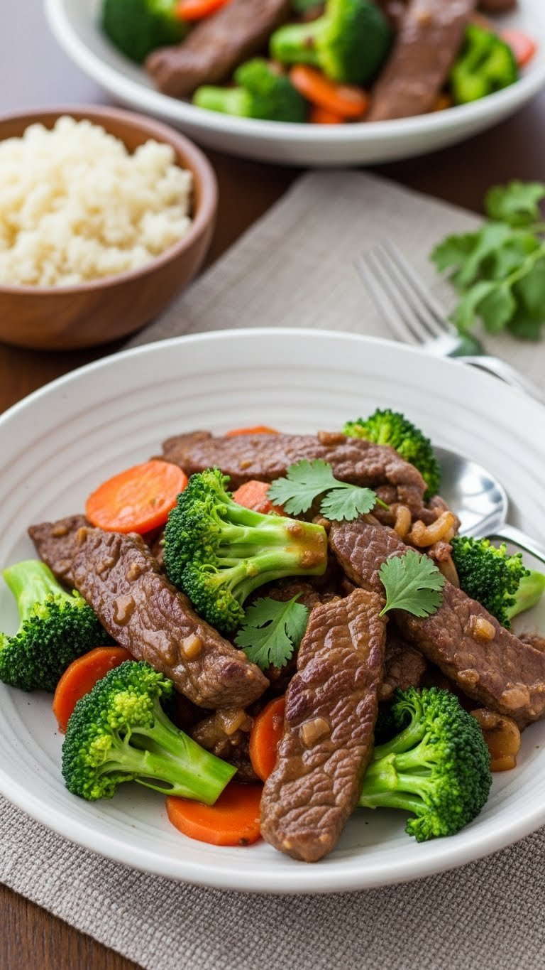 Vibrant Aip Beef And Broccoli Stir-Fry With Tender Beef, Green Florets, And Savory Sauce, Served With Cauliflower Rice.