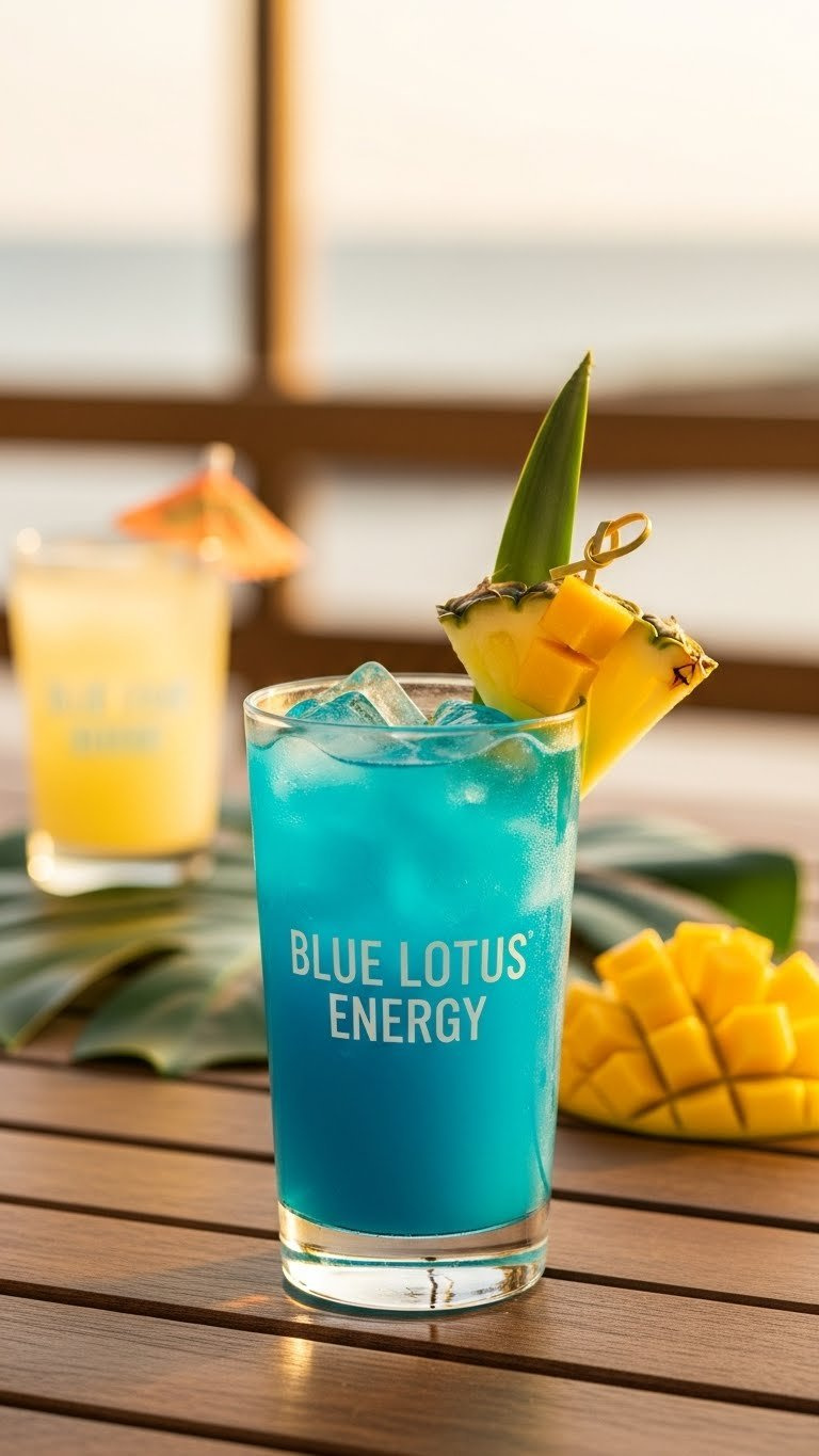 Vibrant Blue Lotus Energy Drink With Pineapple And Mango Chunks In Tropical Setting With Golden Hour Lighting