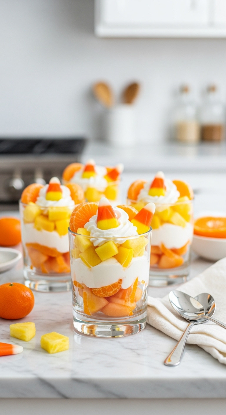 Vibrant Candy Corn Fruit Parfaits With Orange, Yellow, And White Layers In Glass Cups On A Marble Kitchen Counter.