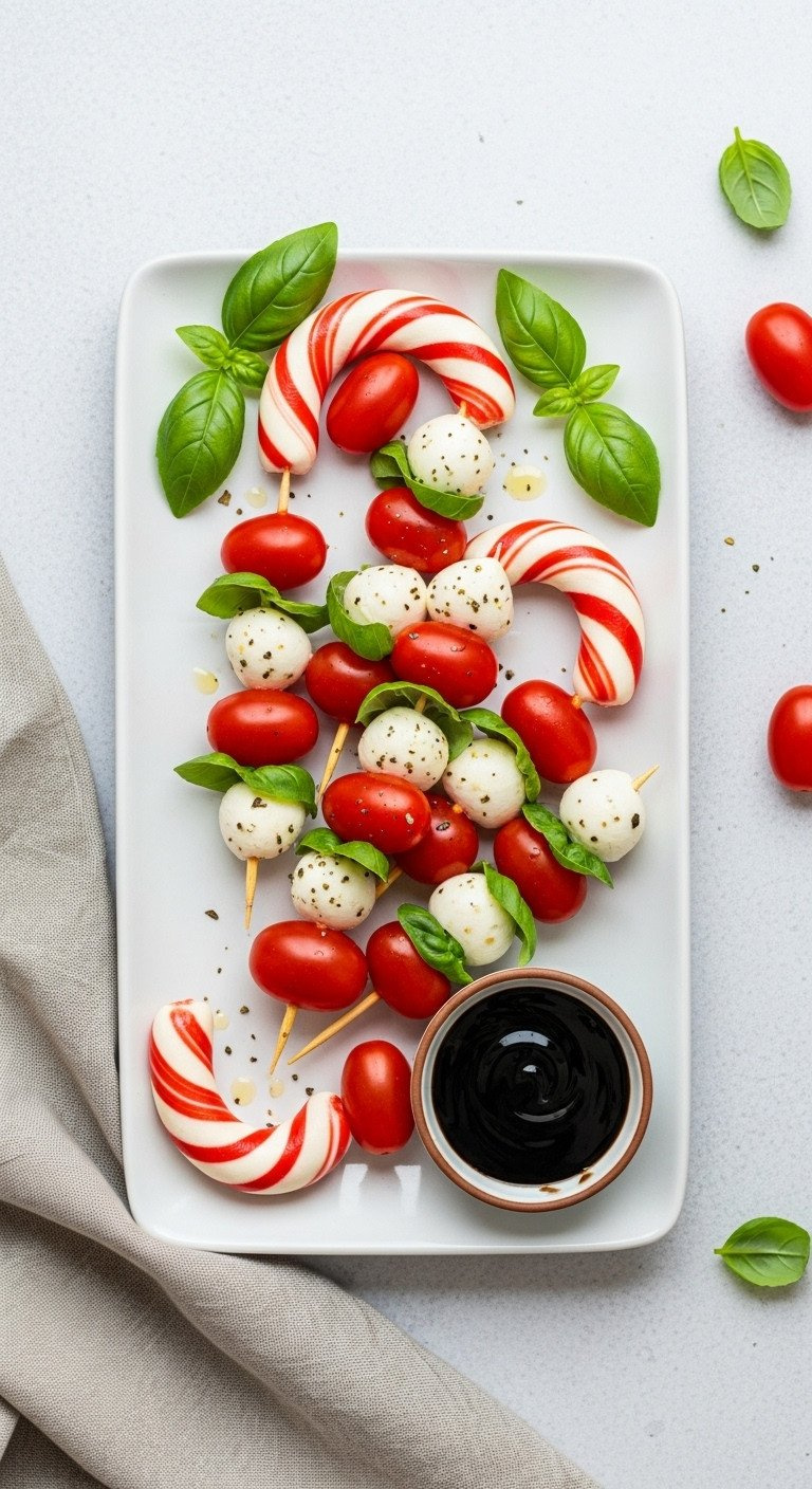 Vibrant Caprese Skewers In Candy Cane Shape With Tomatoes, Mozzarella, Basil On White Platter With Balsamic Glaze. Festive No-Cook Appetizer.