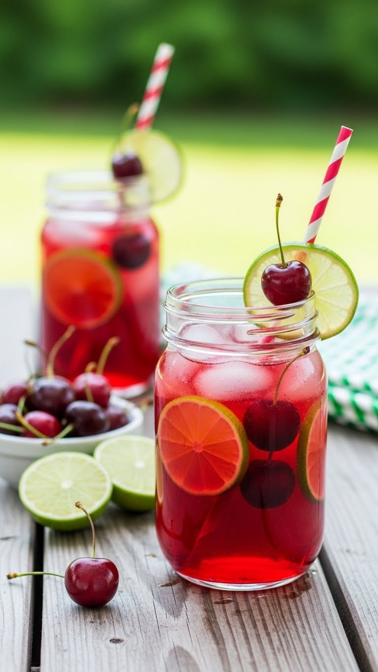 Vibrant Cherry Limeade Mocktail With Cherries And Lime Slices In Mason Jar On Rustic Picnic Table