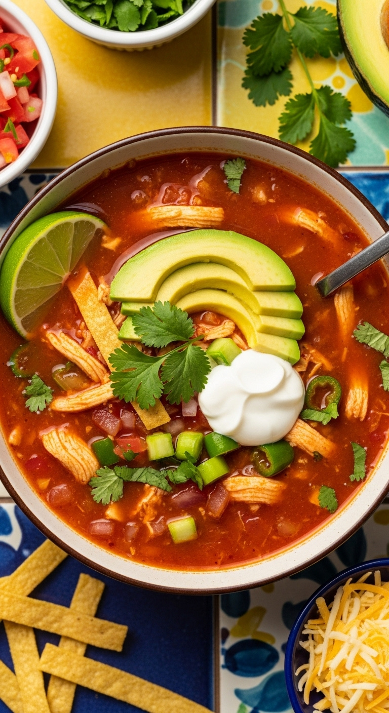 Vibrant Chicken Tortilla Soup Garnished With Avocado Sour Cream Cilantro And Lime On Colorful Tiled Surface With Tortilla Strips And Cheese