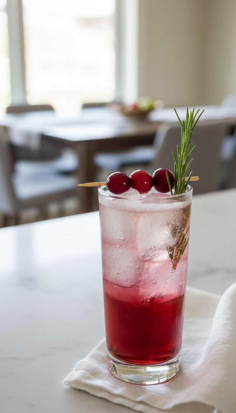 Vibrant Cranberry-Vodka Sparkler Cocktail In A Highball Glass, Garnished With Fresh Cranberries, Rosemary, And Ice On A Marble Kitchen Counter.