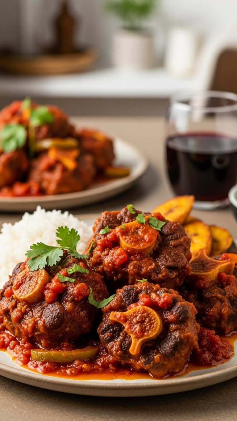 Vibrant Cuban Instant Pot Rabo Encendido With Tender Oxtail, Rich Tomato Sauce, And Fresh Cilantro, With Rice.