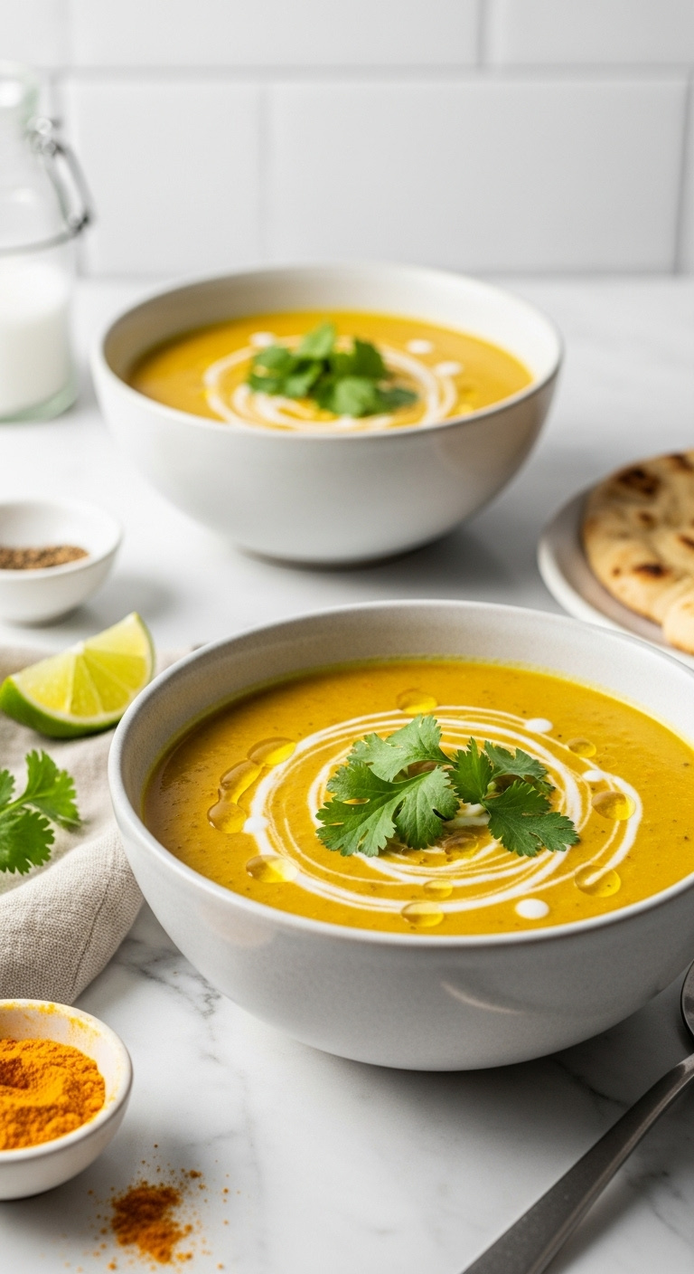 Vibrant Curried Lentil Soup With Coconut Milk Cilantro On Marble Countertop With Turmeric Lime And Naan Bread
