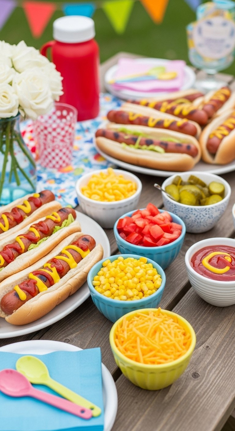 Vibrant Diy Hot Dog Bar With Assorted Toppings On A Rustic Wooden Picnic Table.