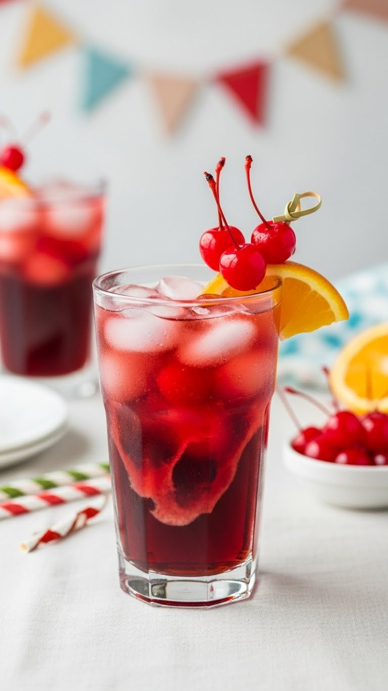 Vibrant Dr Pepper Shirley Temple With Dark Red Base, Grenadine Swirl, And Maraschino Cherry Garnish