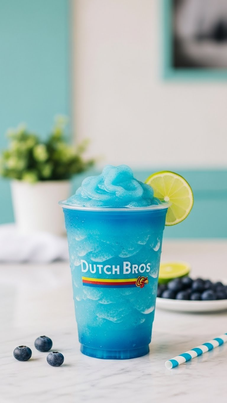 Vibrant Electric Berry Rebel Slushy Drink With Bright Blue Color And Lime Garnish In Clear Cup On Marble Countertop