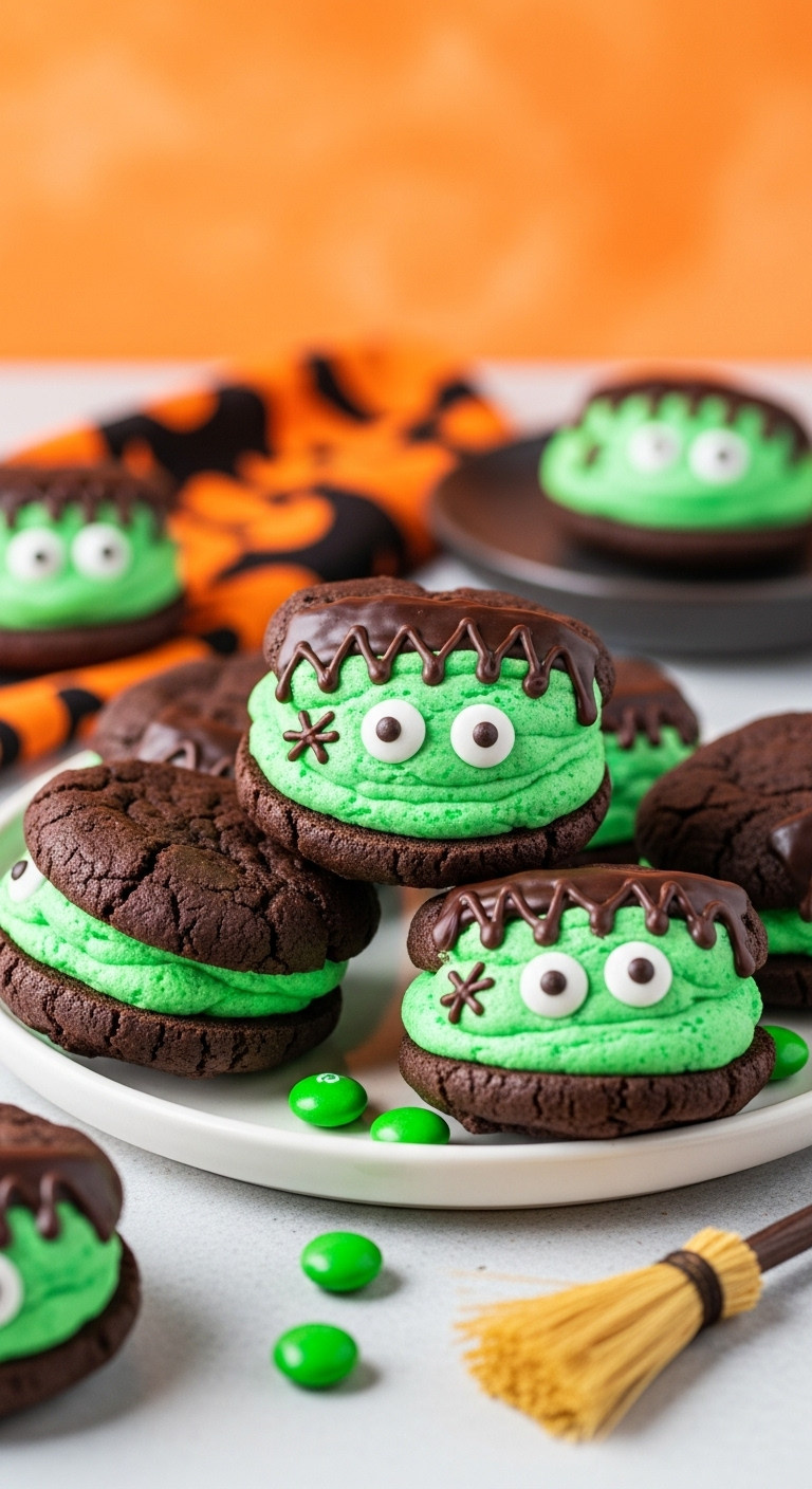 Vibrant Frankenstein Monster Chocolate Cookies With Green Filling, Stitched Brows, Candy Eyes On White Plate. Fun Halloween Treat.