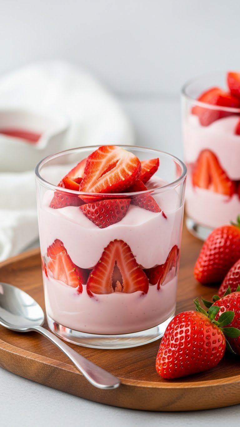 Vibrant Fresas Con Crema, Sliced Strawberries Layered With Pale Pink Cream In Clear Glass Cup, On Wooden Tray With Spoon.