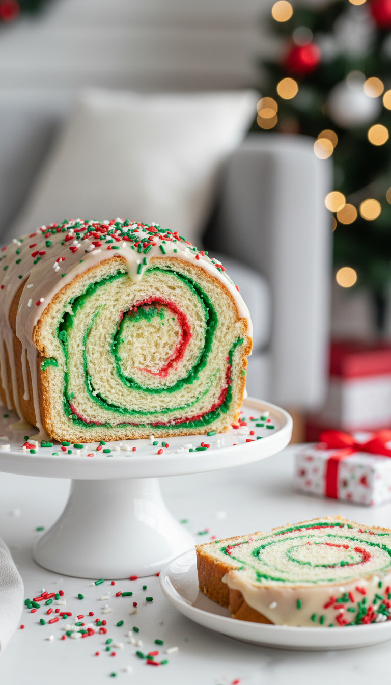 Vibrant Funfetti Christmas Swirl Bread With Red, Green Sprinkles, Vanilla Glaze On White Stand. Festive Holiday Baking.