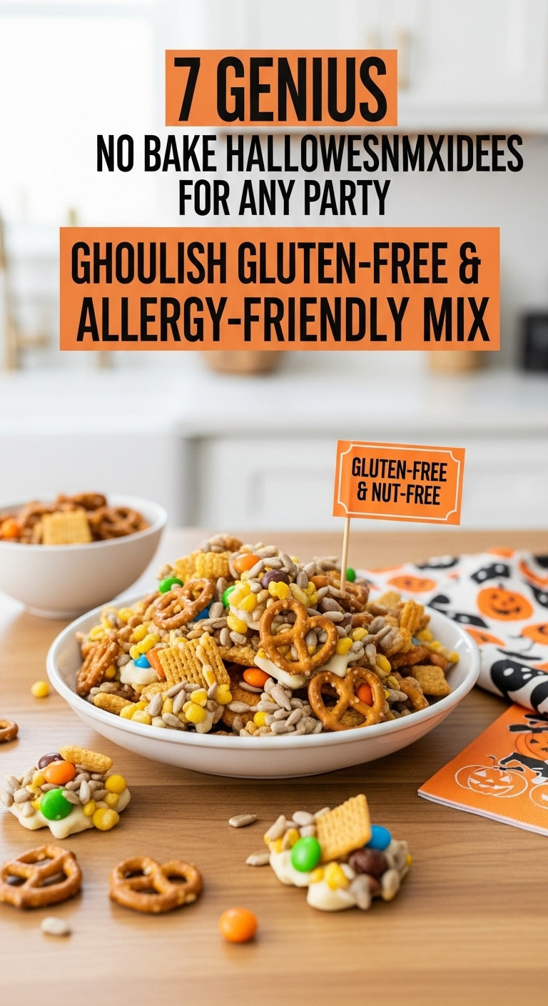 Vibrant Ghoulish Gluten-Free, Allergy-Friendly Halloween Mix: Pretzels, Corn Cereal, Sunflower Seeds, Dairy-Free White Chocolate. Safe Treat.