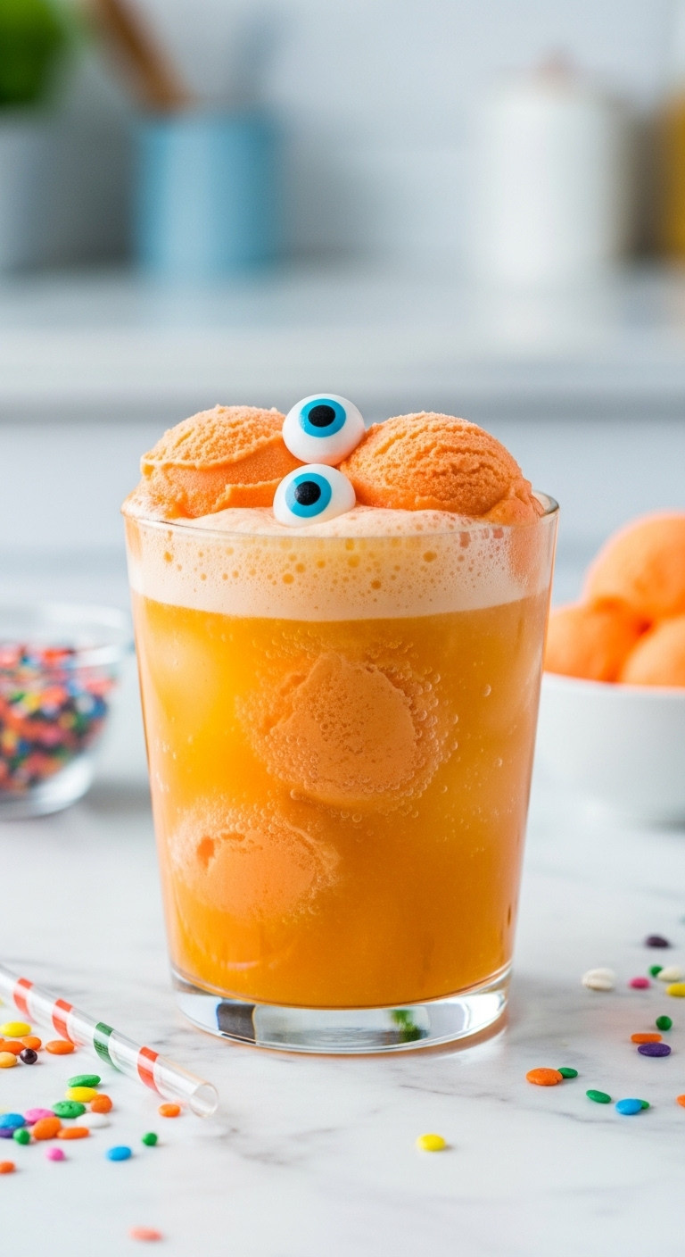 Vibrant Ghoulish Orange Sherbet Fizz Cocktail In A Festive Glass With Candy Eyeballs, Orange Juice, Soda, And Melting Sherbet.