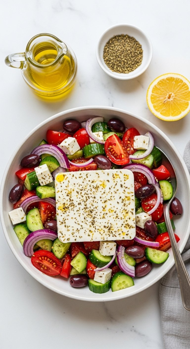 Vibrant Greek Horiatiki Salad With Tomatoes, Cucumbers, Olives, And A Large Slab Of Feta Cheese In A Ceramic Bowl.