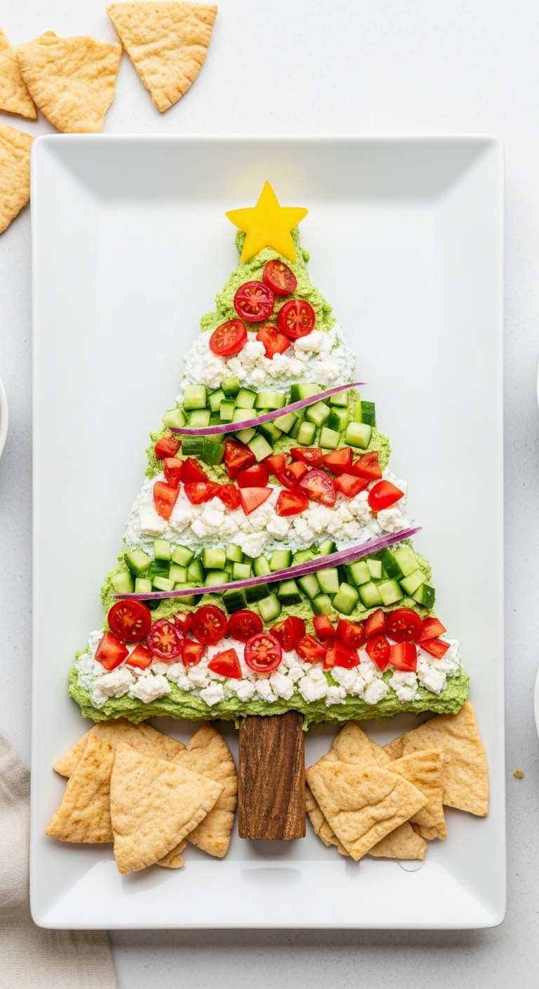 Vibrant Greek Dip Christmas Tree With Green Hummus, Tomato, Feta, Bell Pepper Star. Pita Chips. Festive Holiday Appetizer.