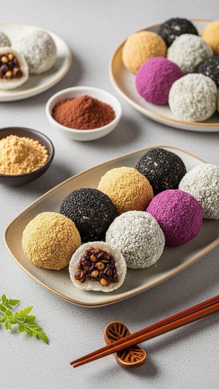 Vibrant Gyeongdan Sweet Rice Balls, Rolled In Soybean, Black Sesame, And Purple Sweet Potato Powders On A Ceramic Platter.