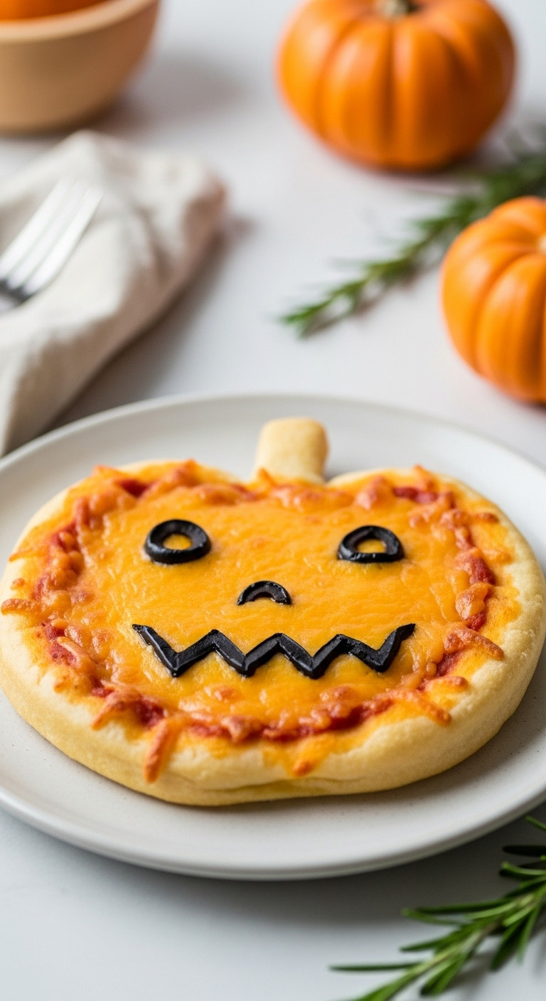 Vibrant Halloween Jack-O'-Lantern Pizza With Bright Orange Cheese, Black Olive Features, Golden Crust On A Light Plate, Pumpkin Decor.