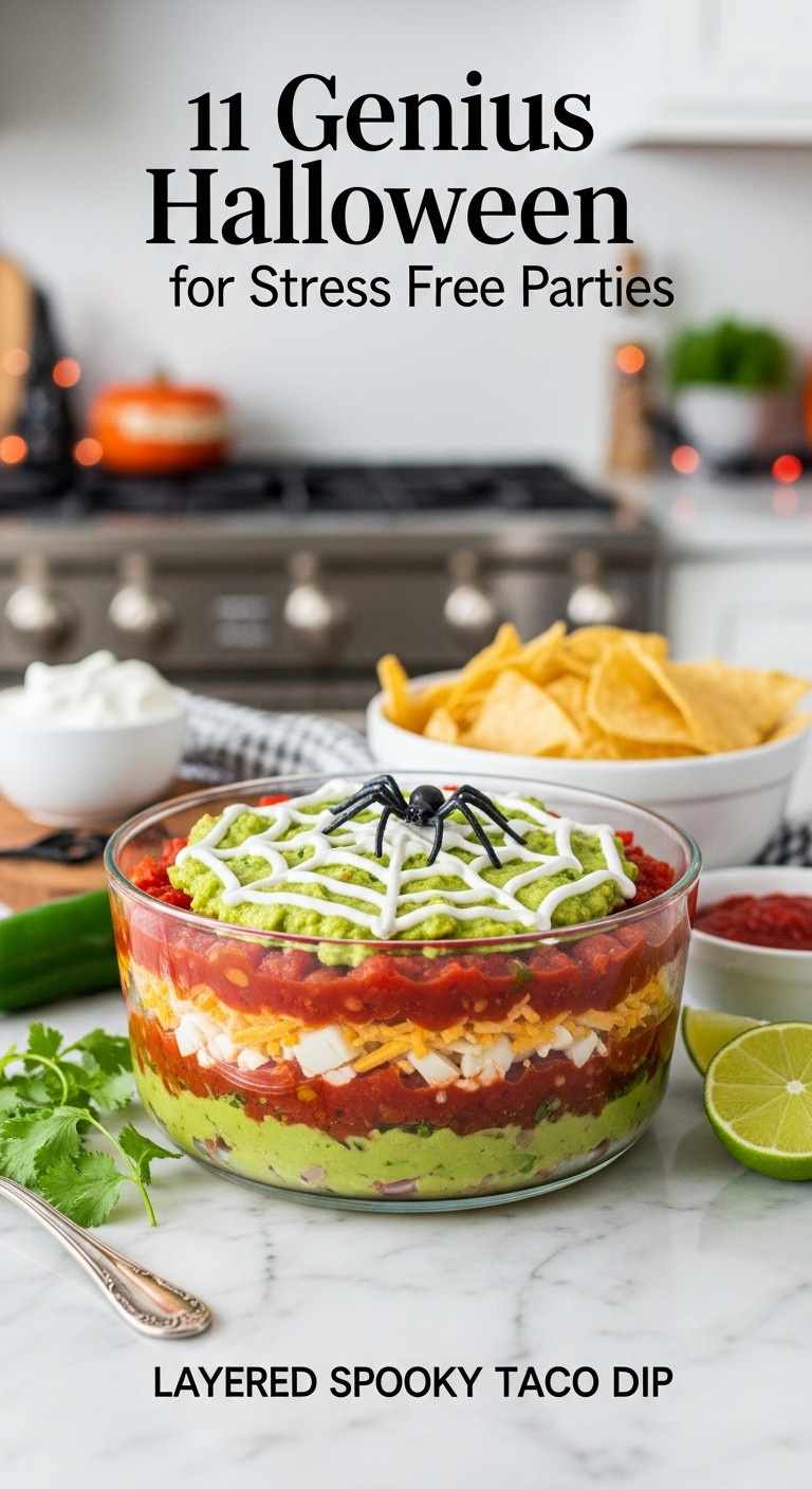 Vibrant Halloween Layered Taco Dip In Glass With Sour Cream Spiderweb &Amp; Plastic Spider. Visible Layers, Served With Chips.