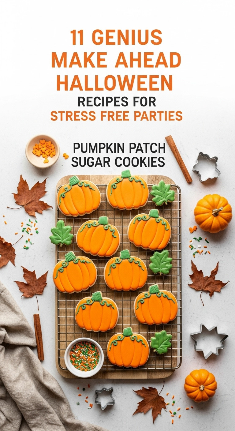 Vibrant Halloween Pumpkin Patch Sugar Cookies With Orange Icing &Amp; Green Stems On A Rustic Board. Fall Baking, Festive Autumn Decor.