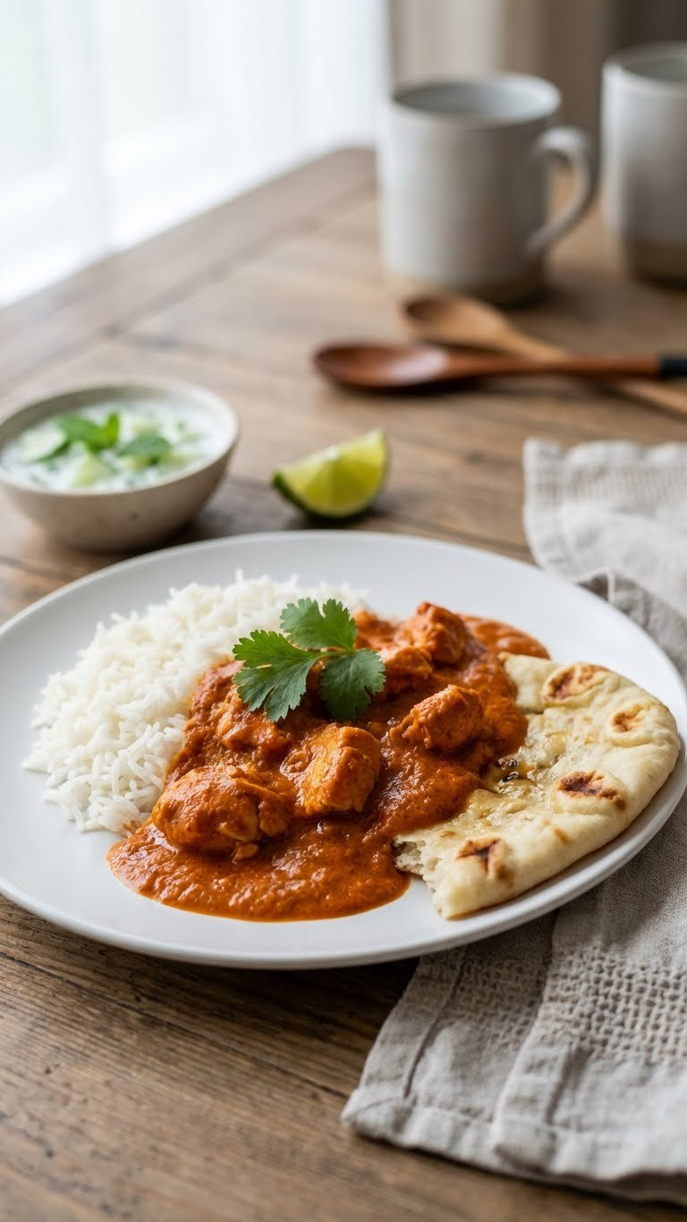 Vibrant Instant Pot Chicken Tikka Masala, Basmati Rice, Naan, And Cilantro Expertly Plated On A Rustic Wooden Dining Table.