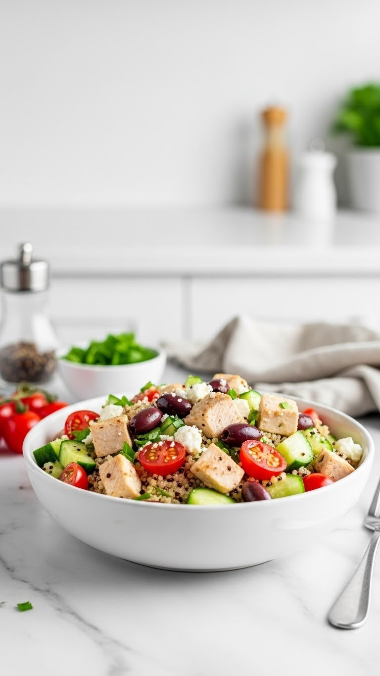 Vibrant Instant Pot Mediterranean Chicken &Amp; Quinoa Bowl With Chicken, Tomatoes, Cucumber, Olives, And Feta On A Marble Countertop.