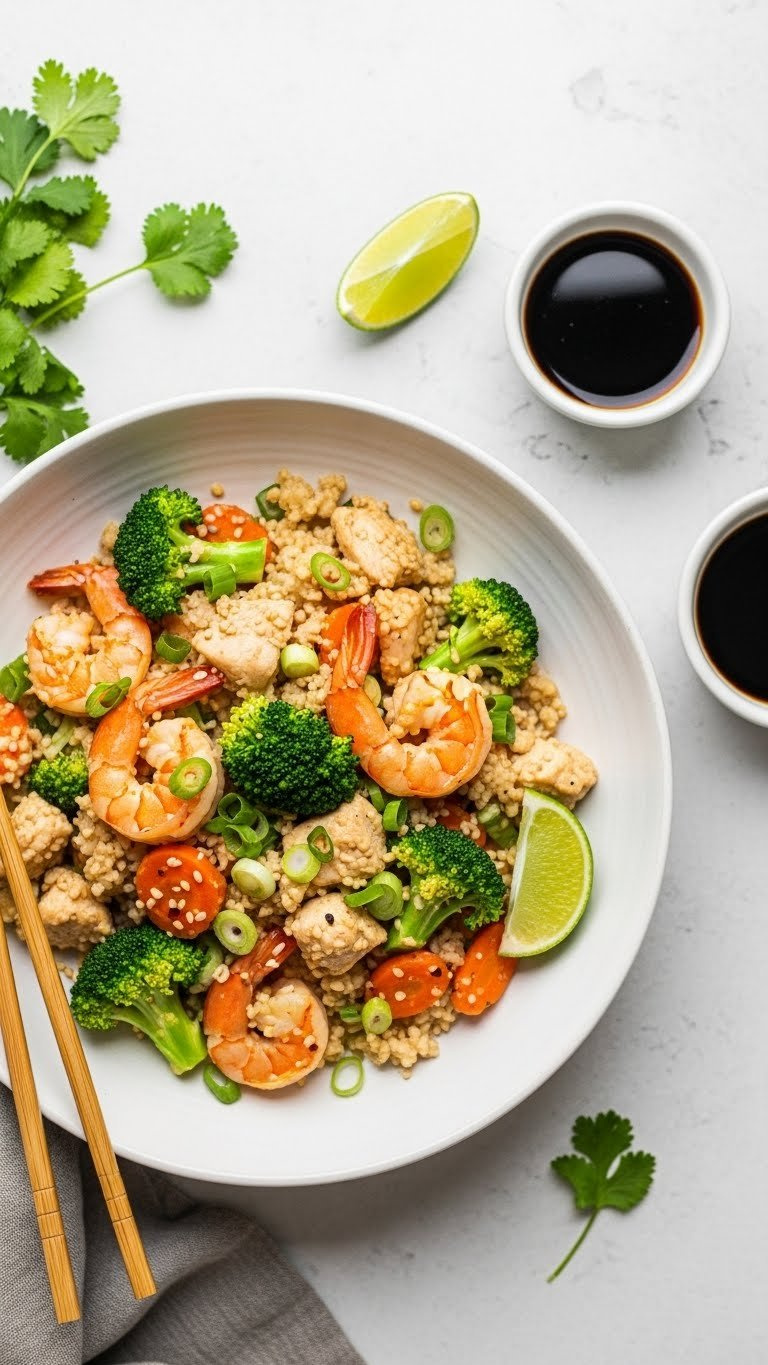Vibrant Instant Pot Whole30 Cauli-Rice Stir-Fry With Chicken, Broccoli, Carrots, And Green Onions In A Bowl.