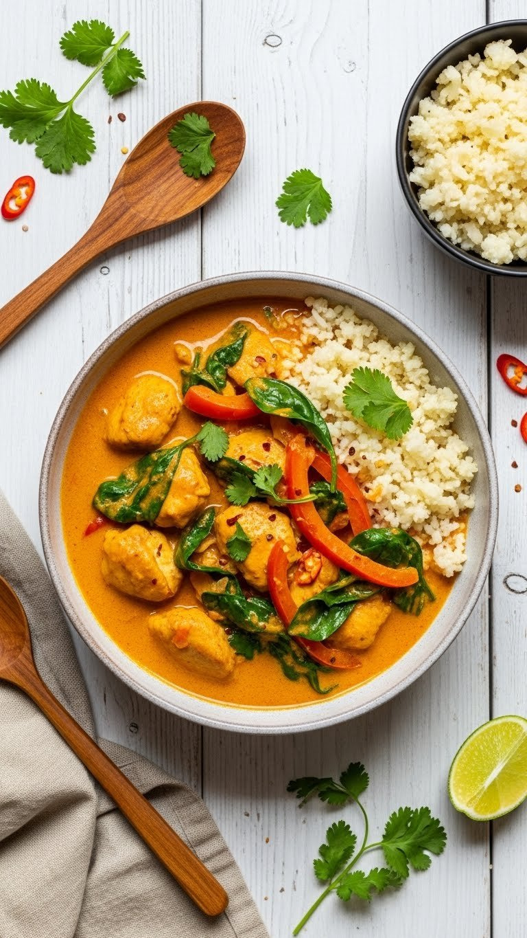 Vibrant Instant Pot Whole30 Creamy Chicken Curry With Bell Peppers, Spinach, Cilantro, And Cauliflower Rice In A Textured Bowl.