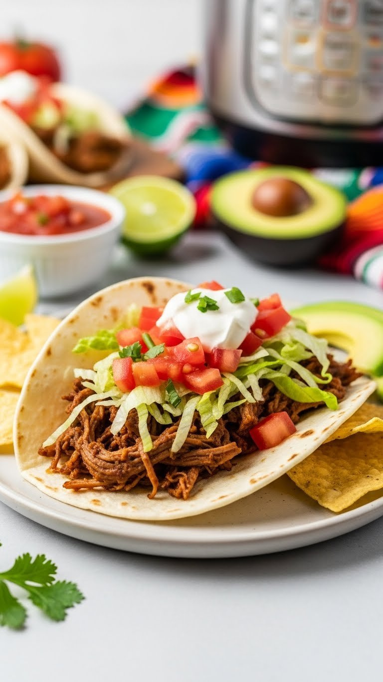 Vibrant Instant Pot Beef Tacos With Shredded Beef, Fresh Tomatoes, Lettuce, And Sour Cream On A Ceramic Plate.