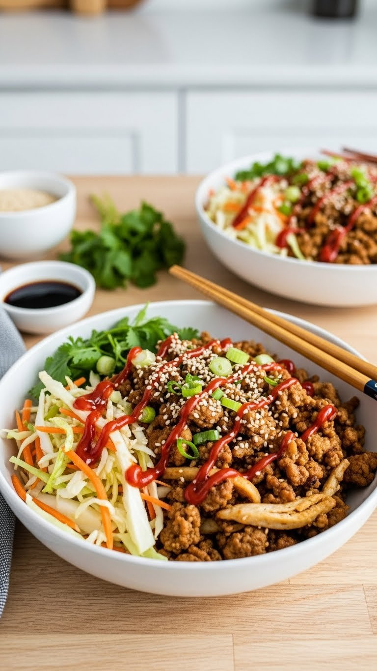 Vibrant Instant Pot Egg Roll In A Bowl With Seasoned Pork, Cabbage, Sesame Seeds, And Sriracha, Served With Chopsticks.