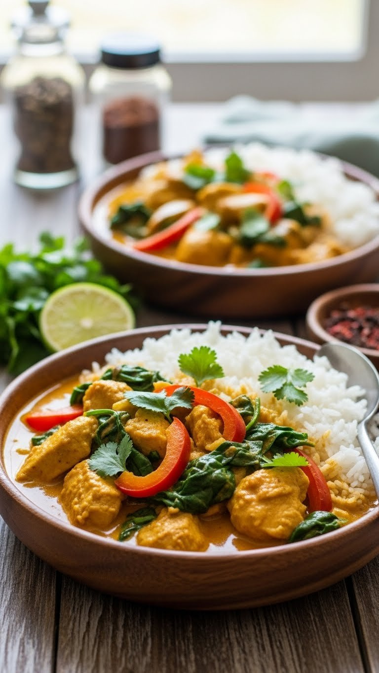 Vibrant Instant Pot Gluten-Free Chicken Curry With Tender Chicken, Bell Peppers, Spinach, And Rice, Garnished With Fresh Cilantro.
