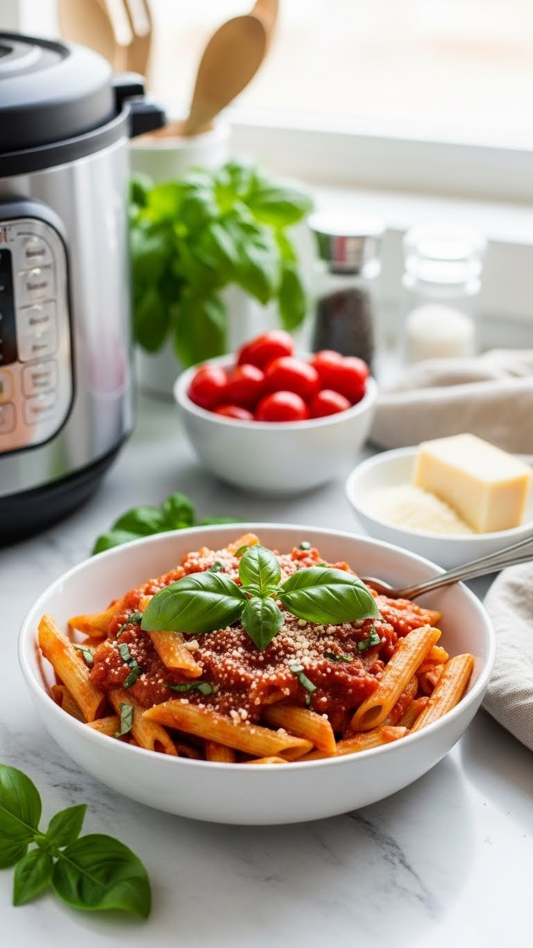 Vibrant Instant Pot Gluten-Free Penne Pasta With Marinara, Fresh Basil, And Vegan Parmesan On A Light Marble Countertop.