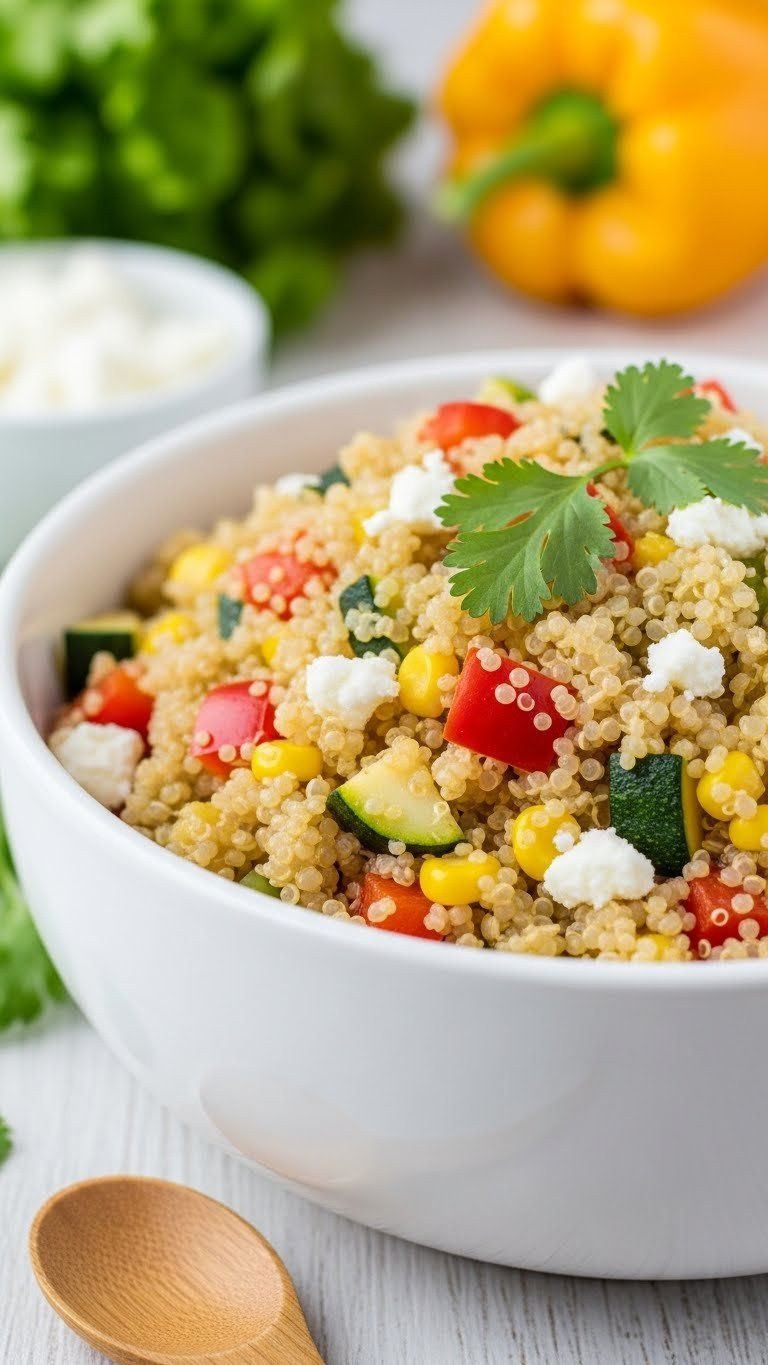 Vibrant Instant Pot Gluten-Free Quinoa Pilaf With Colorful Vegetables And Fresh Cilantro In A White Bowl On A Wooden Table.