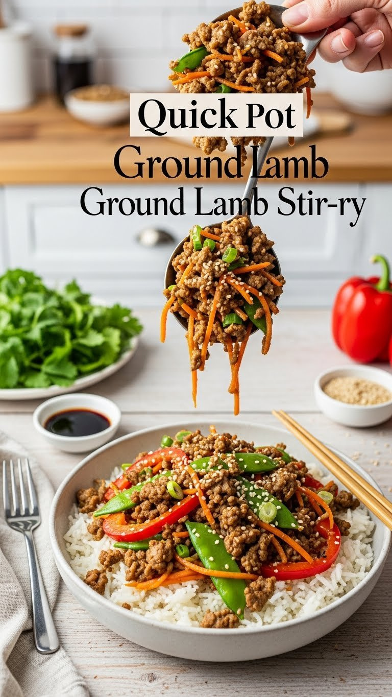 Vibrant Instant Pot Ground Lamb Stir-Fry With Crumbled Lamb, Crisp Vegetables, And Asian Sauce, Served Over White Rice With Chopsticks.