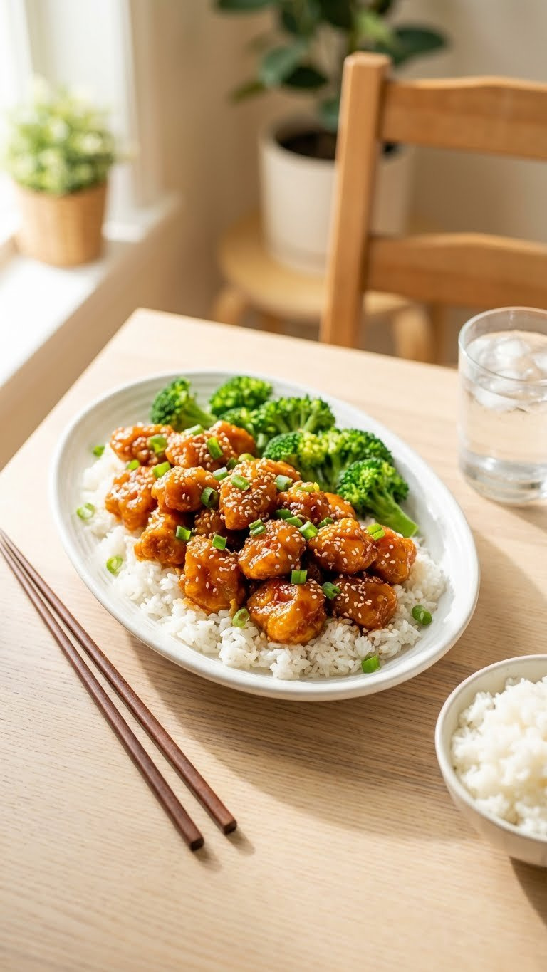Vibrant Instant Pot Orange Chicken Is Plated Over White Rice, Garnished With Green Onions, Sesame Seeds, And Broccoli.