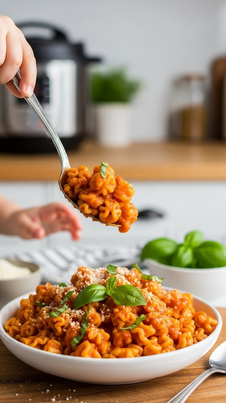Vibrant Instant Pot Pasta With A Smooth, Red-Orange Hidden Veggie Sauce And Fresh Basil In A Shallow White Bowl.