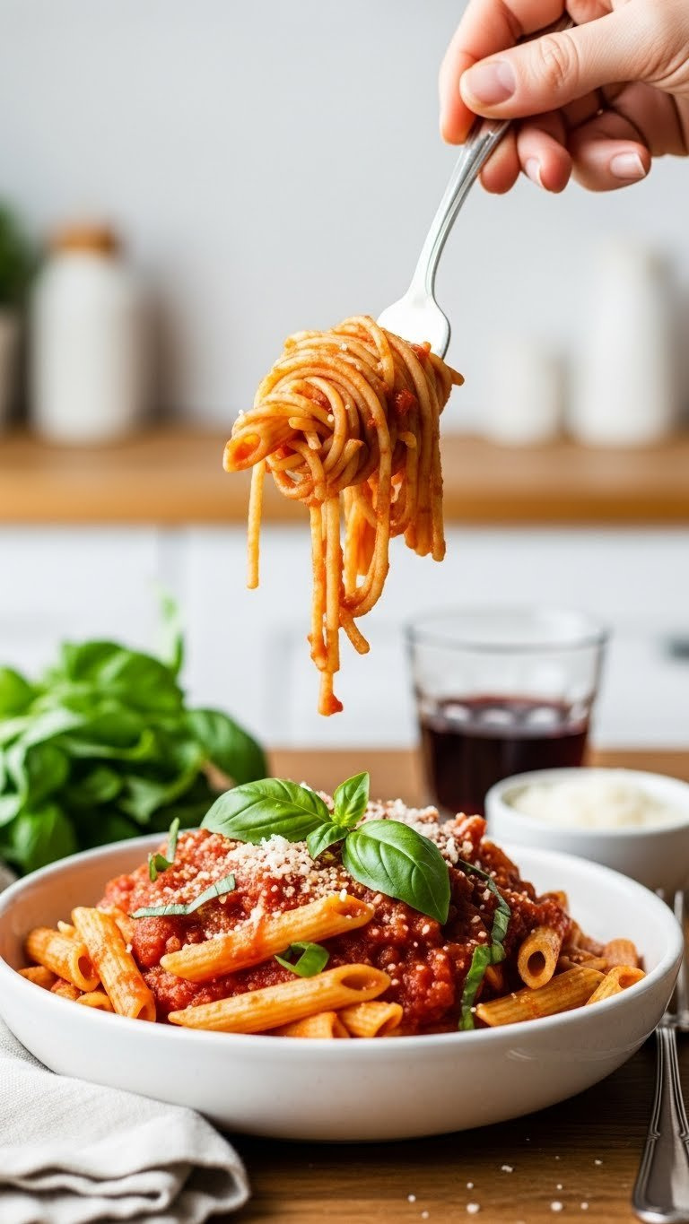 Vibrant Instant Pot Pasta With Marinara Sauce, Fresh Basil, And Parmesan Cheese In A Rustic Bowl With A Fork And Napkin.