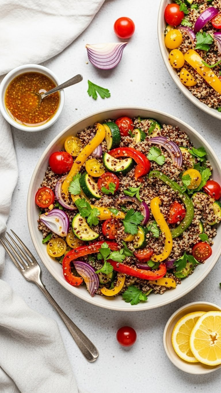 Vibrant Instant Pot Quinoa Salad With Roasted Bell Peppers, Zucchini, Red Onion, And Cherry Tomatoes In A Shallow Bowl.
