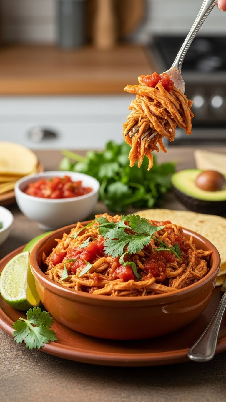 Vibrant Instant Pot Shredded Mexican Chicken With Cilantro, Lime, And Avocado, Served On A Terracotta Plate.